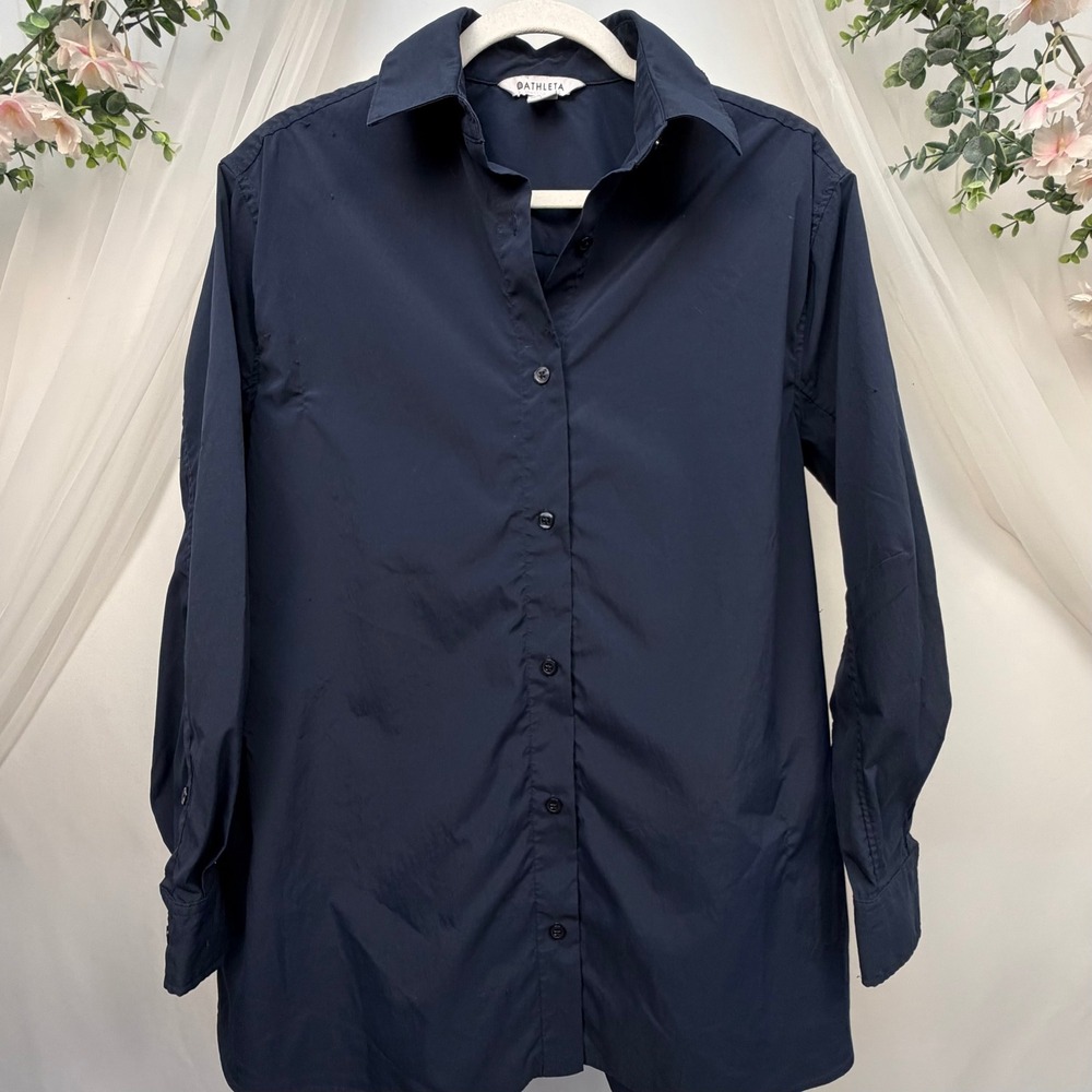 Athleta Women Navy Blue Button Down Long Sleeve Shirt Side Zip Pocket Small
